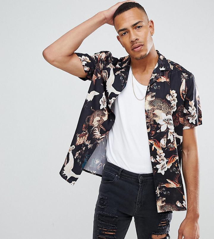 Asos Design Tall Regular Fit Floral Bird Print Shirt With Revere Collar In Black - Black