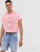 Asos Design Sleeveless Cropped Hoodie In Washed Pink With Tonal Print & Distressing - Pink