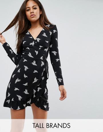 Oh My Love Tall Printed Wrap Skater Dress With Frill Trim - Multi