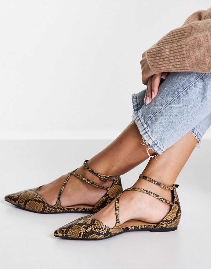 Asos Design Larna Pointed Ballet Flats In Tan Snake-brown