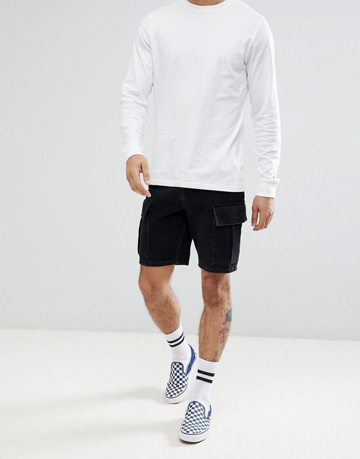 Asos Design Denim Shorts In Slim Black With Cargo Pockets - Black