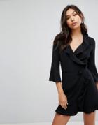 Outrageous Fortune Ruffle Wrap Dress With Fluted Sleeve - Black