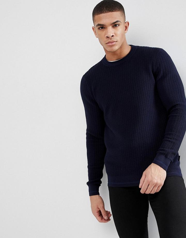 Ted Baker Crew Neck Sweater In Texture - Navy