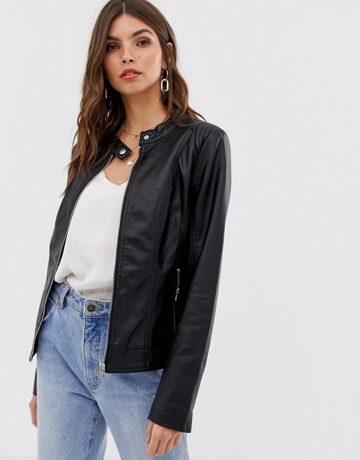 Vila Leather Look Collarless Jacket - Black
