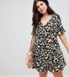 Asos Design Curve Button Through Tea Dress With Frill Sleeve In Summer Floral Print - Multi