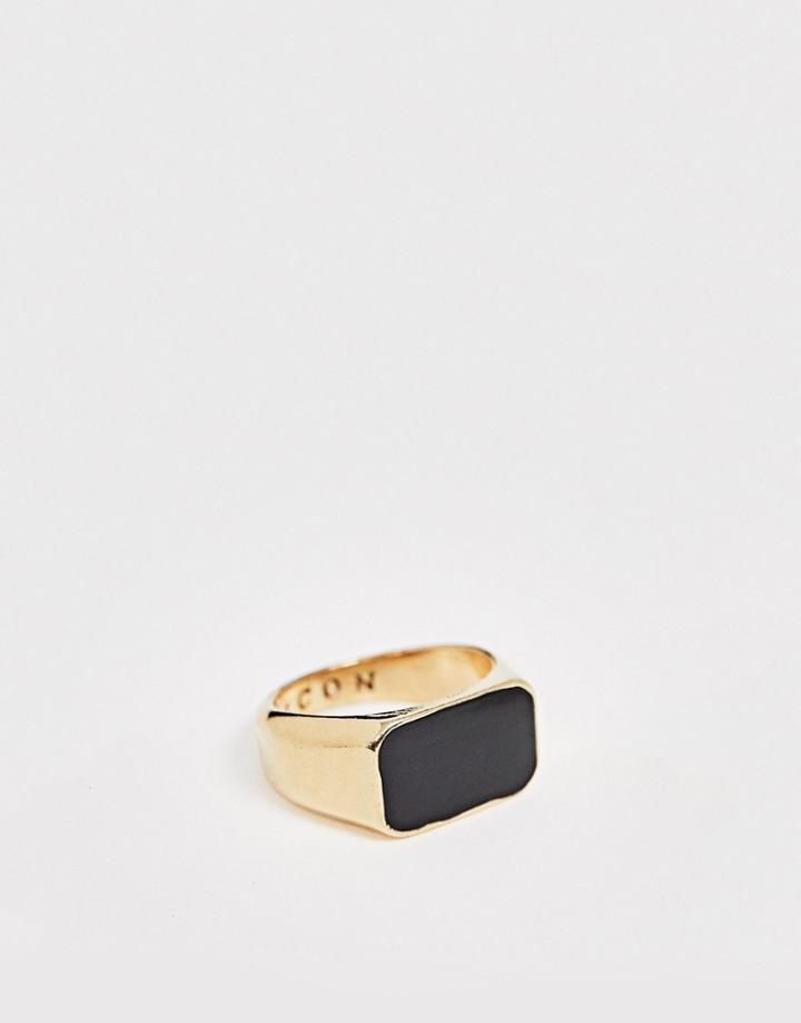 Icon Brand Rectangle Signet Ring With Black Stone In Gold