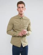 Asos Slim Shirt With Double Pockets In Light Green - Green