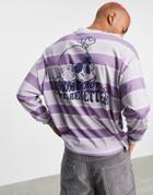 Asos Design Oversized Long Sleeve Stripe T-shirt In Purple Organic Cotton With Back Skull Print