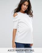 Asos Maternity Tall Top With Ruffle Cold Shoulder In Ponte - White