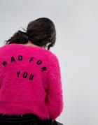 Lazy Oaf Shrunken Cardigan In Fluffy Knit With Bad For You Back - Pink
