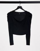 New Look Bust Seam Detail Top With Ruched Sleeves In Black