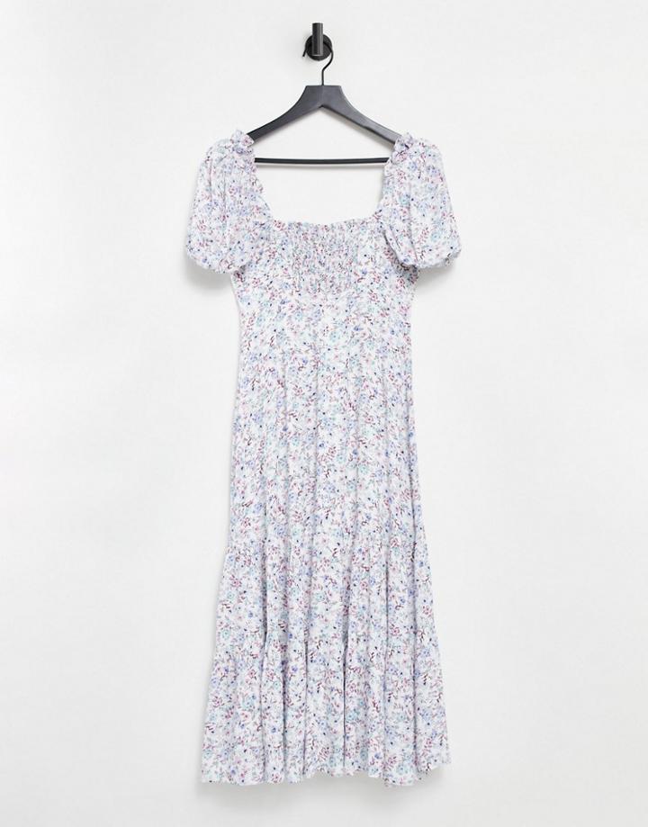 Ever New Pintuck Puff Sleeve Tiered Midi Dress In Ivory Floral-multi