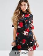 Young Bohemains High Neck Dress With Ribbon Tie In Romantic Floral - Black
