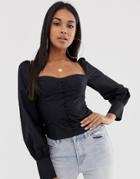 Club L London Square Neck Button Through Shirt With Balloon Sleeves In Black