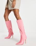 Public Desire Best Believe Knee High Heel Boots In Pink Satin