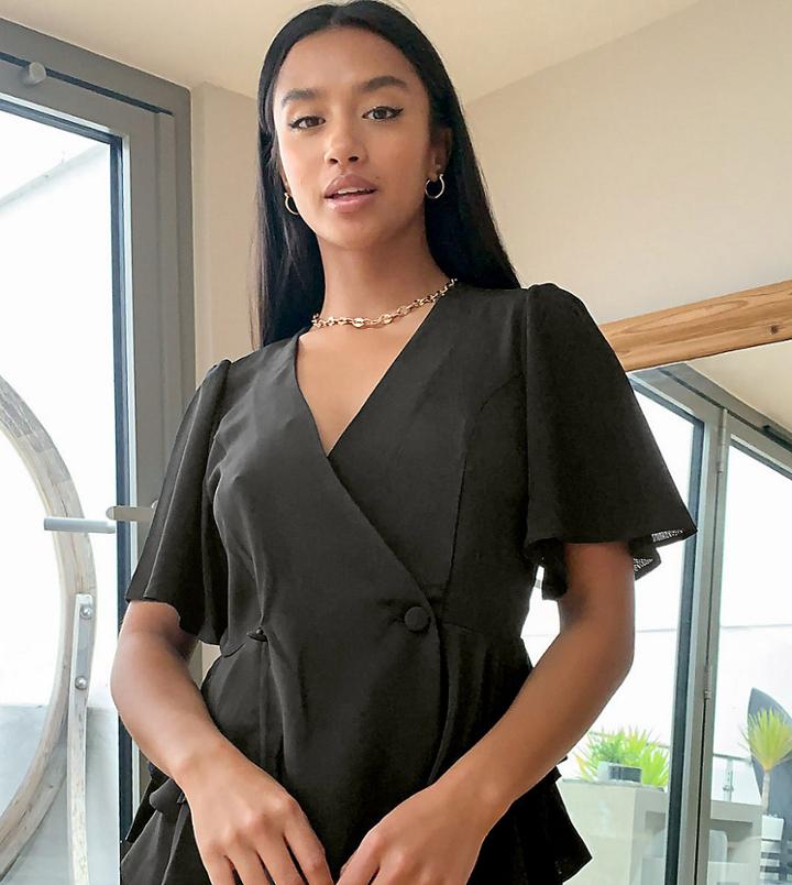 Asos Design Petite Tux Top With Angel Sleeve And Button Detail In Black