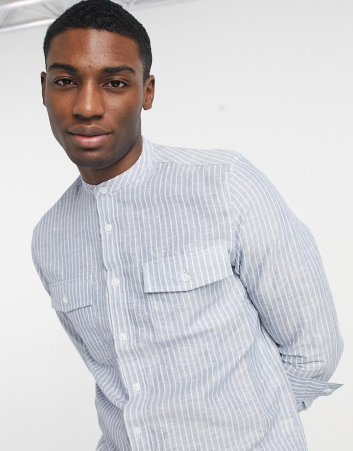 Asos Design Regular Linen Mix Shirt With Band Collar In Blue Stripe-blues