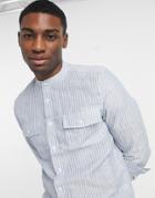 Asos Design Regular Linen Mix Shirt With Band Collar In Blue Stripe-blues