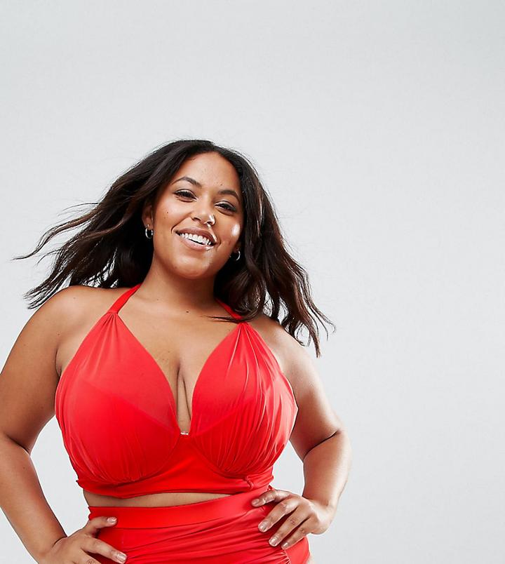 Asos Design Curve Drape Halter Supportive Tankini - Red
