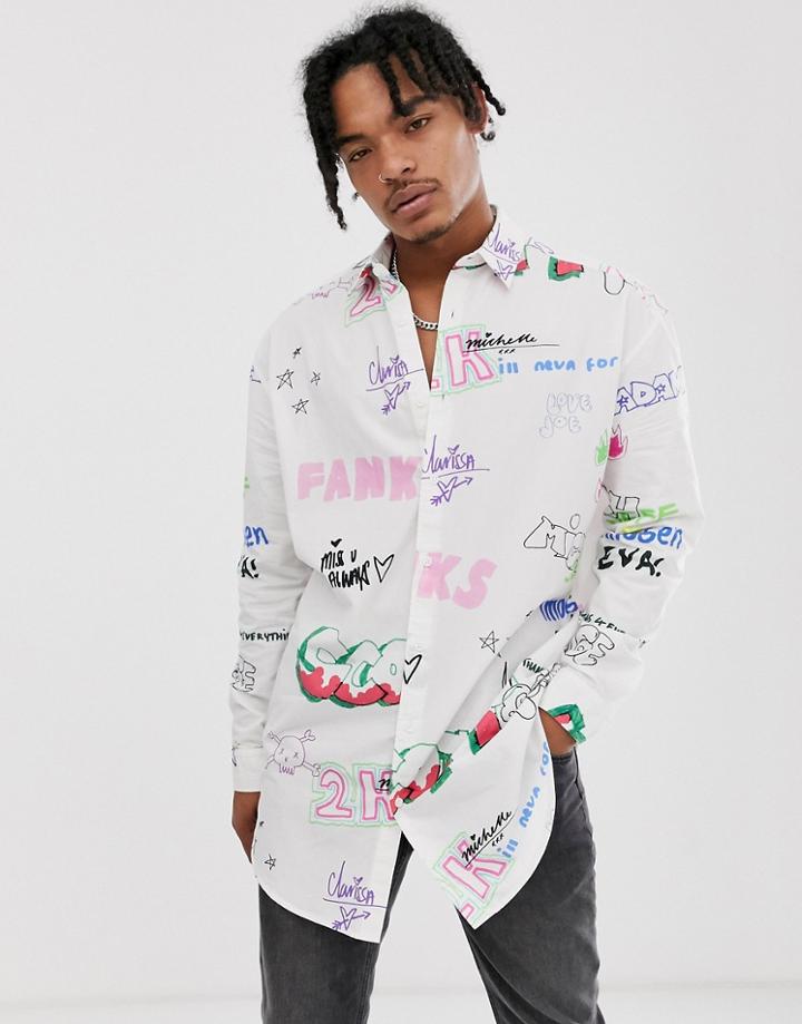 Asos Design Longline Oversized Shirt In School Scribble Text-white