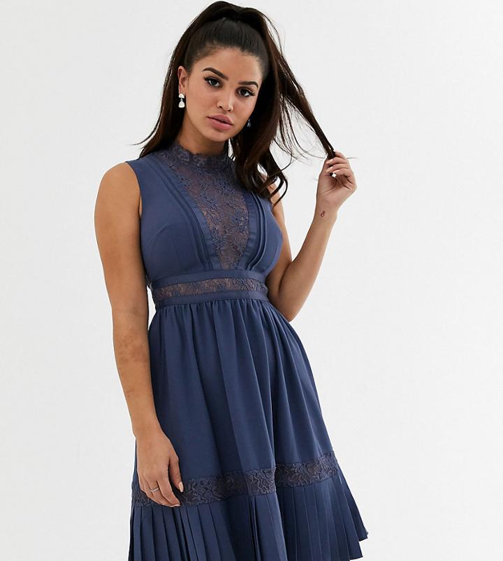 Little Mistress Petite Lace Yolk Mini Dress With Frill Hem In Lavender Gray-grey