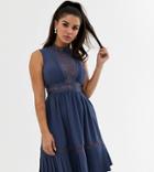 Little Mistress Petite Lace Yolk Mini Dress With Frill Hem In Lavender Gray-grey
