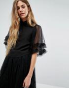 Navy London Ivy Crop Top With Collar And Sheer Sleeves - Black
