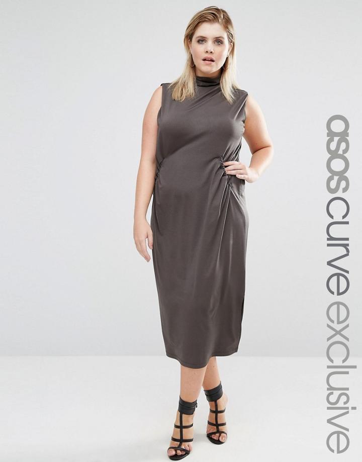 Asos Curve Column Dress In Crepe With Funnel Neck And Pocket Detail - Green
