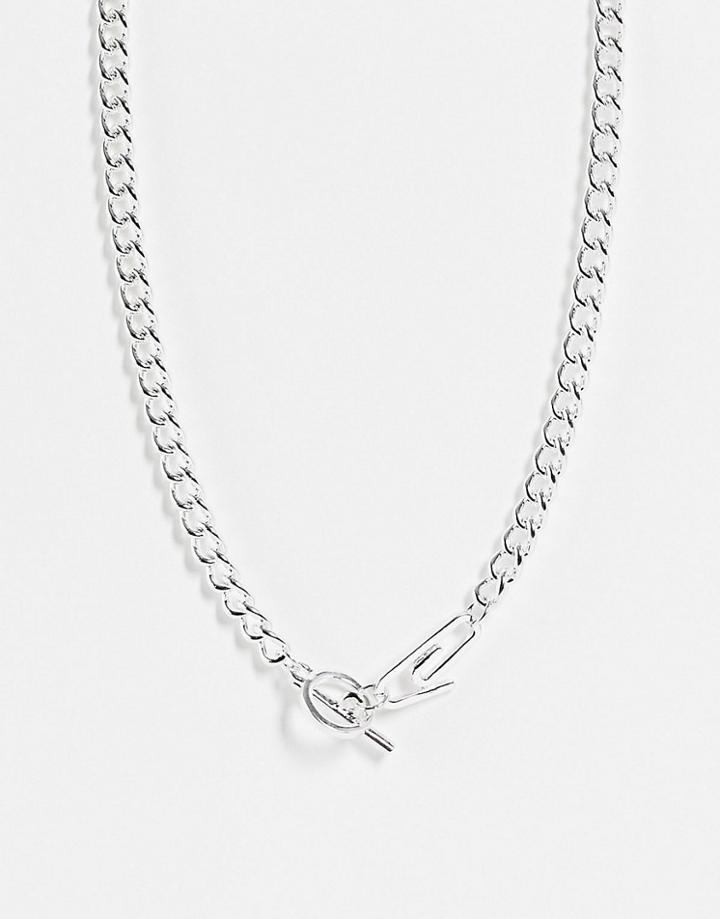 The Staus Syndicate Double Row Necklace With Chain And Crystal Paperclip Pendant In Silver