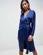Asos Design Midi Dress With Batwing Sleeve And Wrap Waist In Satin - Blue