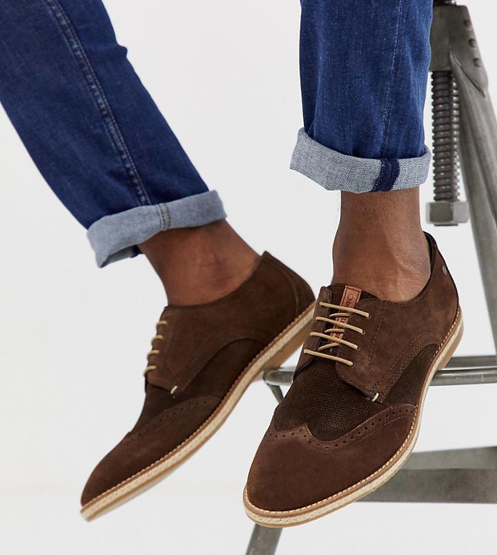 Base London Wide Fit Crosby Embossed Brogues In Brown Suede - Brown