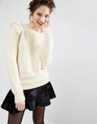 Willow And Paige Ribbed Sweater With Shoulder Ruffle - Cream