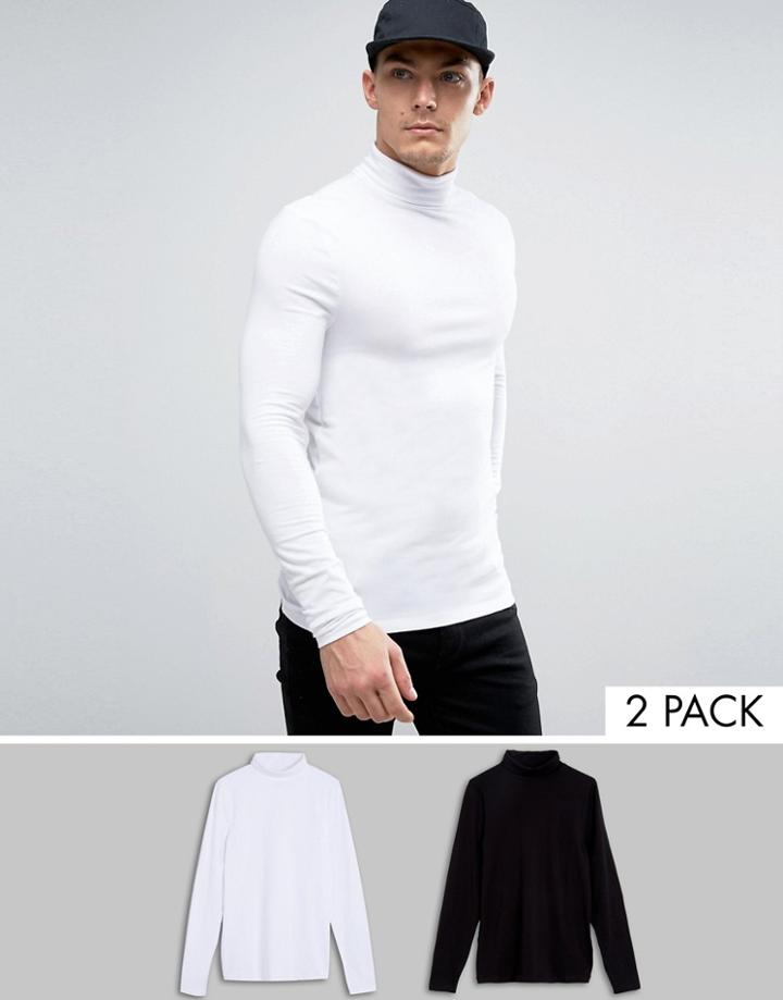 Asos Extreme Muscle Long Sleeve T-shirt In White/black With Roll Neck