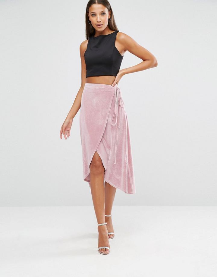 Asos Tall Wrap Midi Skirt In Velvet - Pink