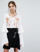 Neon Rose V-neck Top With Layered Ruffle Sleeves And Floral Embroidery - White