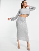 Asos Edition Sequin & Crystal Fringe Midi Skirt In Gray-grey