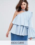 Asos Curve Denim One Shoulder Ruffle Top With Choker Detail - Blue