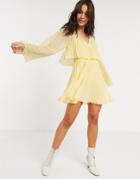 Asos Design Double Layer Pleated Mini Dress In Yellow
