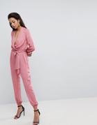 Parallel Lines Silky Jumpsuit With Tie Waist Detail - Pink