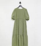 New Look Tall Tiered Midi Smock Dress With Tie Detail In Green Gingham-black