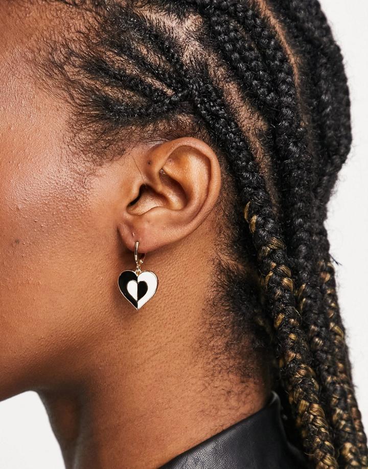 Vintage Supply Enamel Heart Hoop Earrings In Monochrome-gold