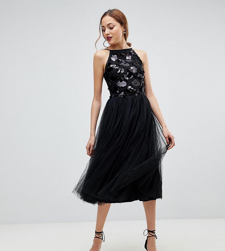 Little Mistress Tall Tulle Dress With Sequin Upper - Beige