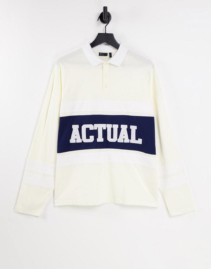 Asos Actual Oversized Long Sleeve Rugby Polo Shirt With Color Block Stripe And Logo Print In Ecru-white