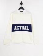 Asos Actual Oversized Long Sleeve Rugby Polo Shirt With Color Block Stripe And Logo Print In Ecru-white