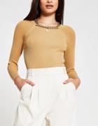 River Island Chain Choker Ribbed Long Sleeve Top In Camel-brown