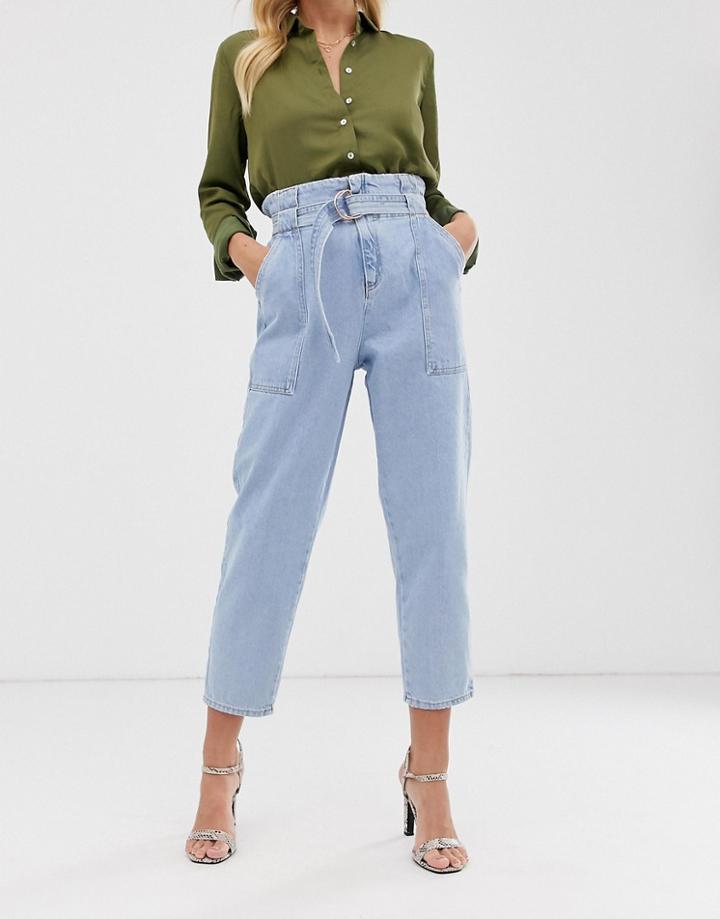 River Island Paperbag Waist Jeans In Light Wash-blue