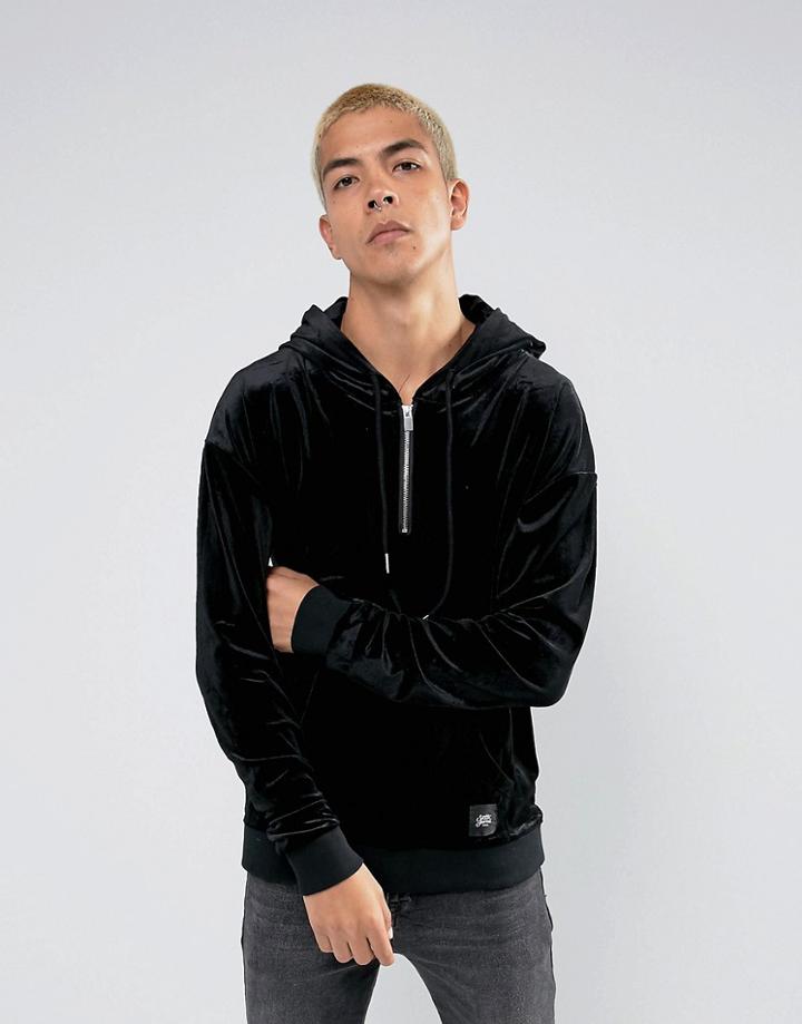 Sixth June Oversized Hoodie With Half Zip In Black Velour - Black
