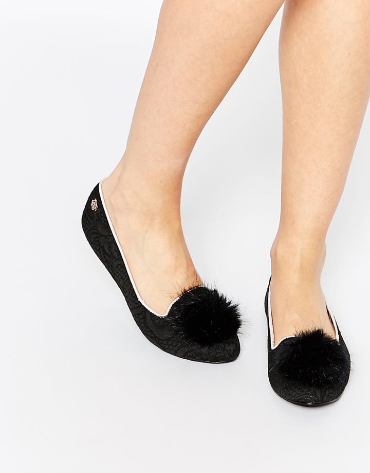 Ted Baker Black Embossed Pom Pom Slippers - Black