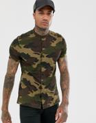 Bershka Join Life Short Sleeved Shirt With Grandad Collar In Camo - Green