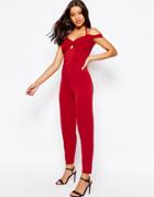 Asos Jersey Jumpsuit With Drape Halter And Peg Leg - Red